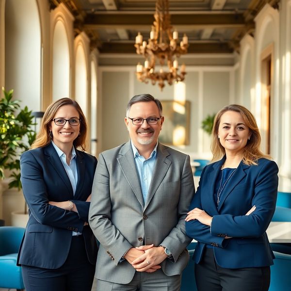 Skupinový portrét tří poradců v pražské kanceláři